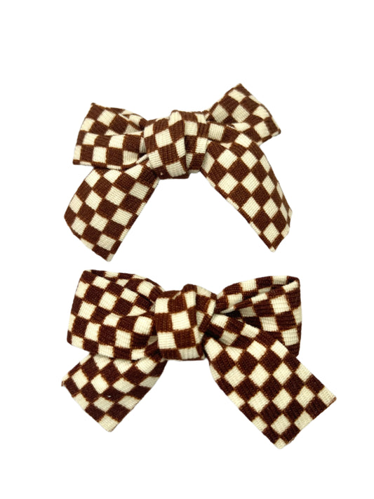 Brown checkered hair bow